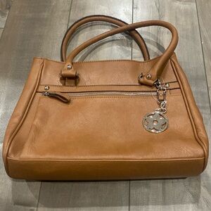 Brown Leather Bueno Tote Bag with Multiple Pockets.
